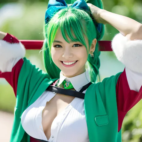 Best Quality、Green hair ponytail、Smiling expression、Hide your fluffy breasts with your arms、garterbelts