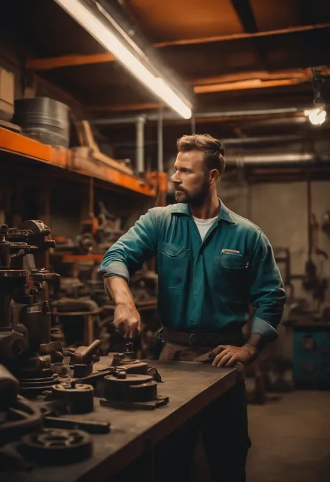 Mechanic in a workshop pointing with hands to the left side