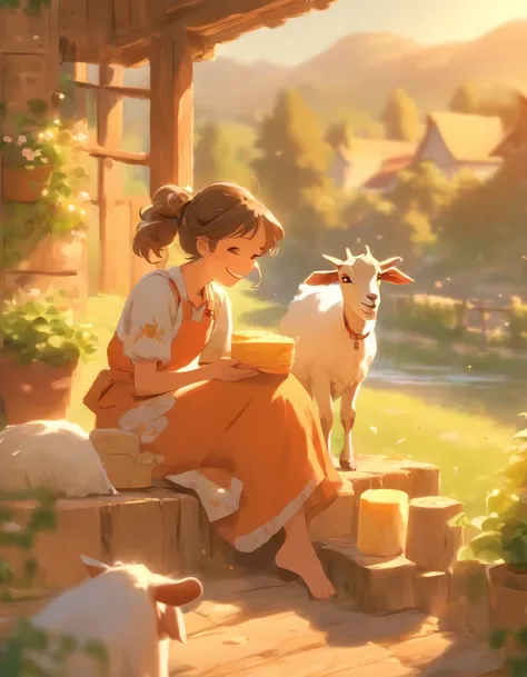 A girl sitting on a porch, cheerful eyes, broad smile, helping her grandfather make cheese, fresh goats milk, detailed cheese-making process, wooden farm porch, rustic atmosphere, warm sunlight, golden hour lighting, serene countryside, rural ambiance, old...