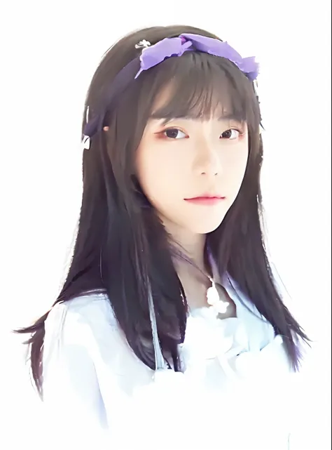 Close up image of an anime girl with long black hair wearing a purple headband, a realistic anime girl dressed in plain white and stunning portrait of a realistic and beautiful anime face.