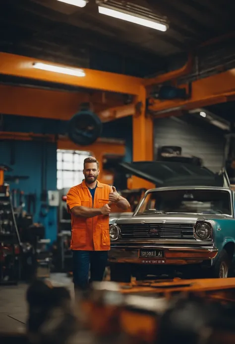 Mechanic in a car workshop giving thumbs-up