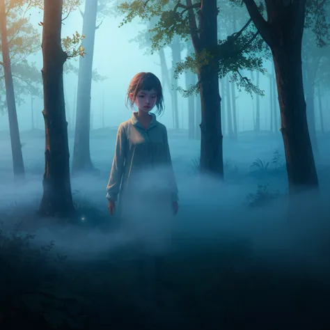 best quality, ultra-detailed, photorealistic, 
Mist in the Woods, (dense fog:1.5), (girl ghost:1.2), 
an extremely delicate and beautiful, 
depth of field, professional lighting,