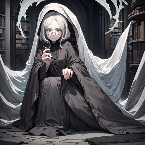 (best quality,HighRes:1.2)Old woman,detailed eyes and face,wrinkles around the eyes,long,thin skeletal hands,dark gray tone,dark eyes,glasses,full body,dark library.