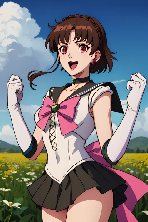 makoto nijima, blunt bangs, braid, brown hair, crown braid, red eyes, tiara, jewelry, sailor senshi uniform, green sailor collar, choker, elbow gloves, white gloves, pink bow, brooch, leotard, green skirt, cowboy shot, standing, field, smile, open mouth,