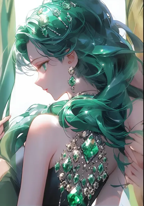 Anime girl with green hair and green jewelry on her hair, Anime girl with teal hair, Portrait Chevaliers du Zodiaque Fille, Detailed digital anime art, Beautiful anime woman, emeralds, anime girl with cosmic hair, green flowing hair, detailed anime charact...