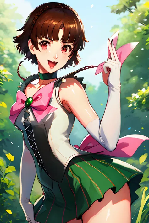 makoto nijima, blunt bangs, braid, brown hair, crown braid, red eyes, tiara, jewelry, sailor senshi uniform, green sailor collar, choker, elbow gloves, white gloves, pink bow, brooch, leotard, green skirt, cowboy shot, standing, field, smile, open mouth,