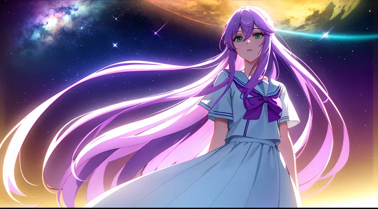 Athena with plain long light purple hair,hair between eyes,green eyes,rosy cheeks,full lips,thin eyebrows,slender body,wearing sailor uniform and full long skirt,cute anime girl,full body,desert night sky nebulae in background,anime style,Lumen Reflections...