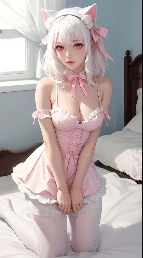 White hair，cat ear，Pink eyes，Light blue Lolita，White tights，pink bows，inside in room，kneeling on a bed，The hand crushed an egg