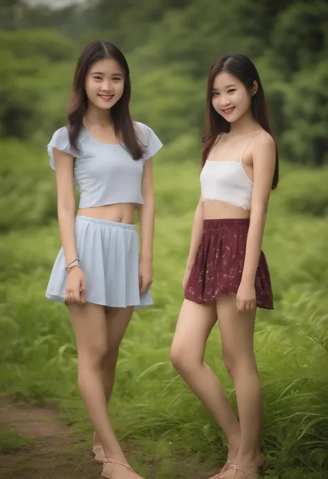 2 very young Asian girls wearing very little clothing flat chest tone stomach innocent smile