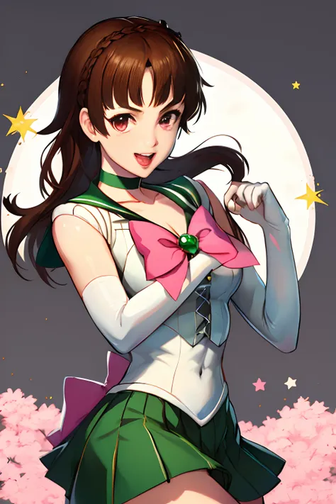 makoto nijima, blunt bangs, braid, brown hair, crown braid, red eyes, tiara, jewelry, sailor senshi uniform, green sailor collar, choker, elbow gloves, white gloves, pink bow, brooch, leotard, green skirt, cowboy shot, standing, field, smile, open mouth,