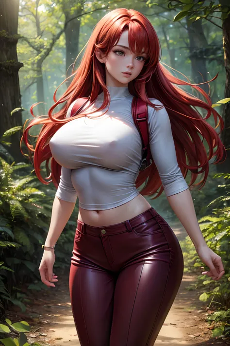 best quality, masterpiece:1.2, ultra-detailed, realistic:1.37, highres, red-haired girl, light and tight clothing, big tits, walking in the forest