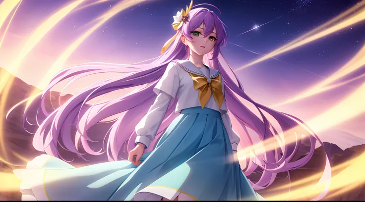 Athena with plain long light purple hair,hair between eyes,green eyes,rosy cheeks,full lips,thin eyebrows,slender body,wearing sailor uniform and full long skirt,cute anime girl,full body,desert night sky nebulae in background,anime style,Lumen Reflections...