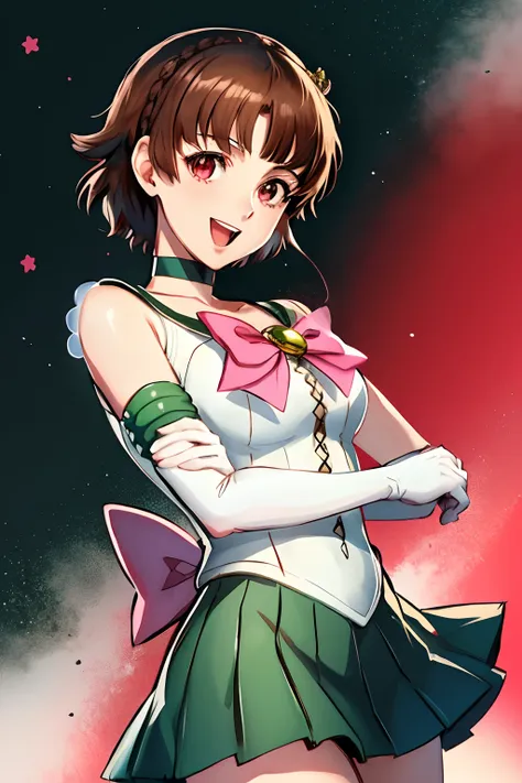 makoto nijima, blunt bangs, braid, brown hair, crown braid, red eyes, tiara, jewelry, sailor senshi uniform, green sailor collar...