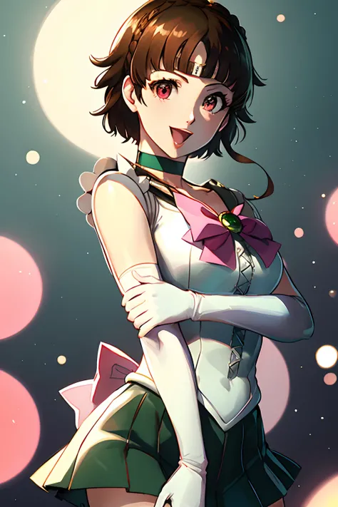 makoto nijima, blunt bangs, braid, brown hair, crown braid, red eyes, tiara, jewelry, sailor senshi uniform, green sailor collar, choker, elbow gloves, white gloves, pink bow, brooch, leotard, green skirt, cowboy shot, standing, field, smile, open mouth,