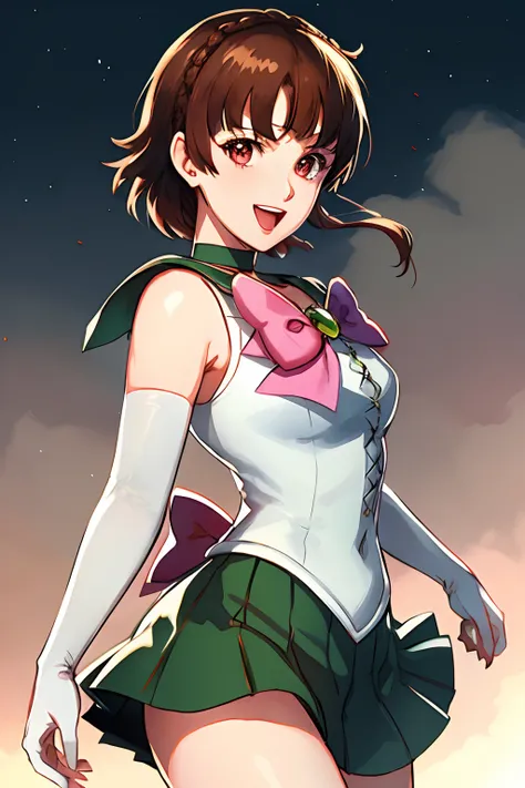 makoto nijima, blunt bangs, braid, brown hair, crown braid, red eyes, tiara, jewelry, sailor senshi uniform, green sailor collar...