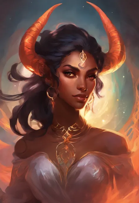 Female tiefling warlock dark hair bright skin