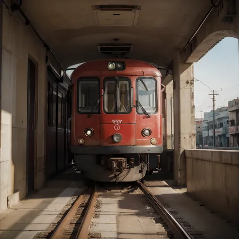 (best quality, highres, ultra-detailed, realistic:1.37), red metro train, new havana urban train, still on the tracks, photography