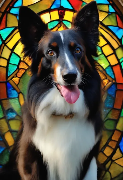 Colorful bright stained glass background, mini black faced Aussie, tilted head, one droopy ear, white on chest, bright eyes