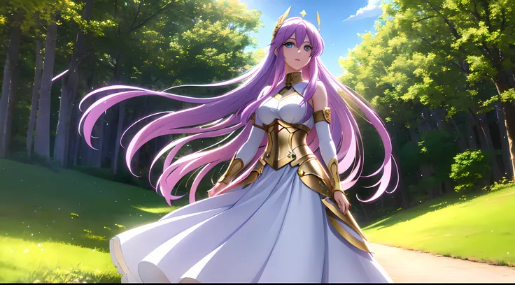 Athena with plain long light purple hair,hair between eyes,green eyes,rosy cheeks,full lips,thin eyebrows,slender body,wearing golden armor and full long skirt,cute anime girl,full body,village streets in background,anime style,Lumen Reflections,Screen Spa...