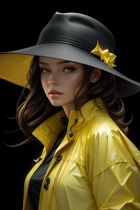 image of a woman with a yellow raincoat and black hat, pintura digital realista, pintura digital ultra realista, pintura digital...