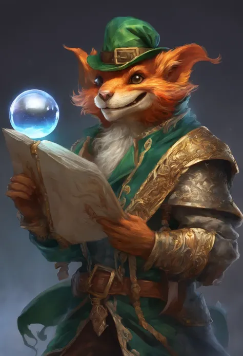 (((by Zackary911, by Kenket, By Kilinah))), Solo Male, Bright orange skin, Orange scales, (((Leprechaun)), (Detailed kobold)) Wearing a blue cape with a hood, Green gemstone on collar, Bandage thighs and bandage chest, muscular toned, Squirrel ears, Fairy ...