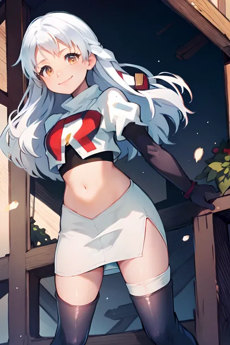 micaiah fe,  team rocket uniform, red letter R, white skirt,white crop top,black thigh-highs,black elbow gloves, confident smile