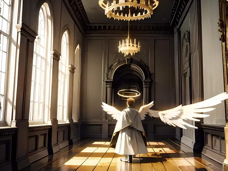 Angel Gabriel seen from behind with halo in wooden room with huge wings bigger than his body