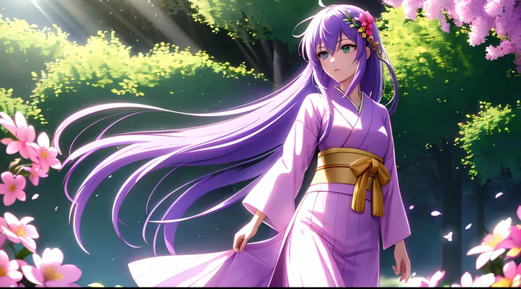 Athena with plain long light purple hair,hair between eyes,green eyes,rosy cheeks,full lips,thin eyebrows,slender body,wearing flowers kimono and full long skirt,cute anime girl,full body,vibrant flowers field in background,anime style,Lumen Reflections,Sc...