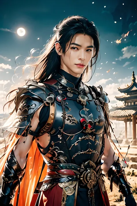 A 21-year-old Asian man，Thick eyebrows，Melon seed face，Handsome face，Mens full body ，A transparent streamer is tied to the body and flutters in the wind，The background is an ancient Chinese town，Time is night。Deep blue sky，A full moon，Lots of black lantern...