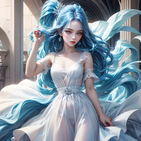 a women, blue hair, blue eyes, white dress