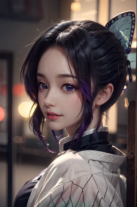 a 20 yo woman、Black blue Hair、Bery short hair、Big smile、(hi-top fade:1.3)、dark themed、Muted Tones、Subdued Color、highly contrast、(natural skin textures、Hyper-Realism、Soft light、sharp), cosplay of Shinobu kocho, Shinobu kocho character, hairstyle of Shinobu ...