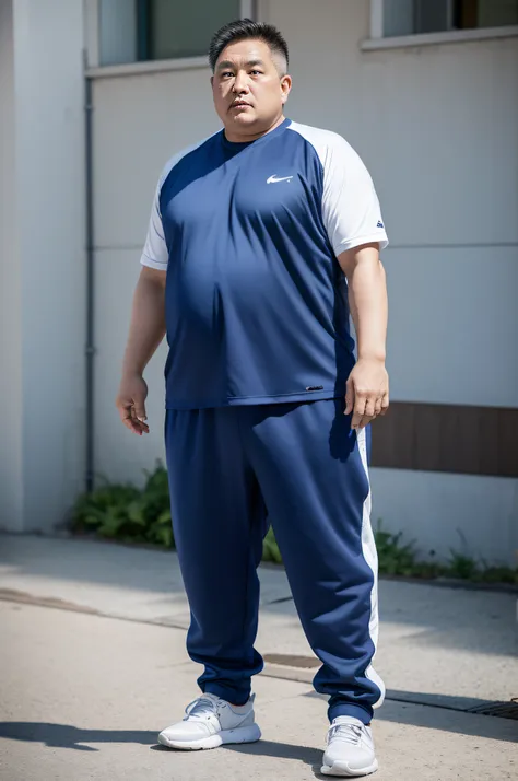 A middle-aged Asian man in gym clothes and sneakers standing in a blank background，Full body photo，Very obese middle-aged man，Stand up straight，Hyper-realistic style，style of photography，Natural light，Super meticulous