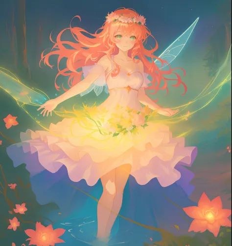 beautiful girl in flowing tiered layered ballgown dress, fairy dress, fairy queen, magical forest background, (glowing fairy wings), glowing flowing ballgown, long wavy hair, sparkling fairy wings, watercolor illustration, flowers and colorful plants, insp...