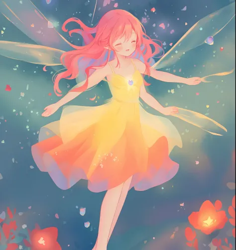 beautiful girl in flowing tiered layered ballgown dress, fairy dress, fairy queen, magical forest background, (glowing fairy wings), glowing flowing ballgown, long wavy hair, sparkling fairy wings, watercolor illustration, flowers and colorful plants, insp...