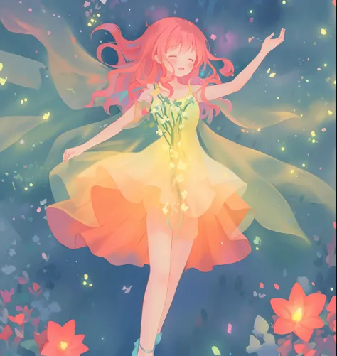 beautiful girl in flowing tiered layered ballgown dress, fairy dress, fairy queen, magical forest background, (glowing fairy wings), glowing flowing ballgown, long wavy hair, sparkling fairy wings, watercolor illustration, flowers and colorful plants, insp...