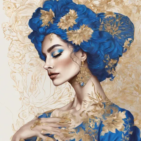 A woman is caressing the blue demon with her hand，He was smelling the flowers，The picture shows only the womans side face and flowers，Drawn with golden lines