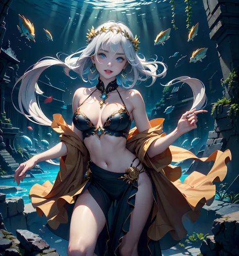 Underwater world Atlantis，abyssal，Epic reality，(hdr: 1.4)，1girll，15year old，Silver hair，Pick and dye red hair，The beautiful，A heartwarming smile，Cute big breasts，Floats in the middle of the frame，Thick lips，Delicate earrings, Delicate necklace, White flora...