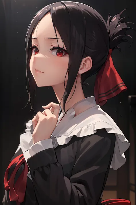 (masterpiece, best quality:1.2), extremely detailed, detailed hair, soft skin, black background, kaguya from love is a war, wear...