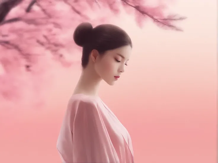 Beautiful sexy woman，Beautiful posture,Focus on the buttocks，largeeyes，Delicate facial features，Thighs and calves，Dance，Side view in the distance，The figure looked sideways, Golden cherry blossoms, Little swallow，poster for, Digital art, Simple background,...