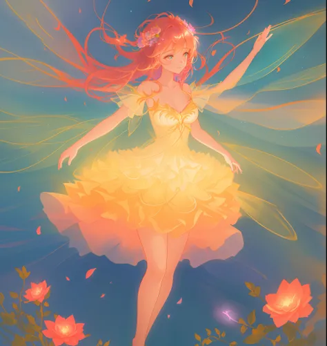 beautiful girl in flowing tiered layered ballgown dress, fairy dress, fairy queen, magical forest background, (glowing fairy wings), glowing flowing ballgown, long wavy hair, sparkling fairy wings, watercolor illustration, flowers and colorful plants, insp...