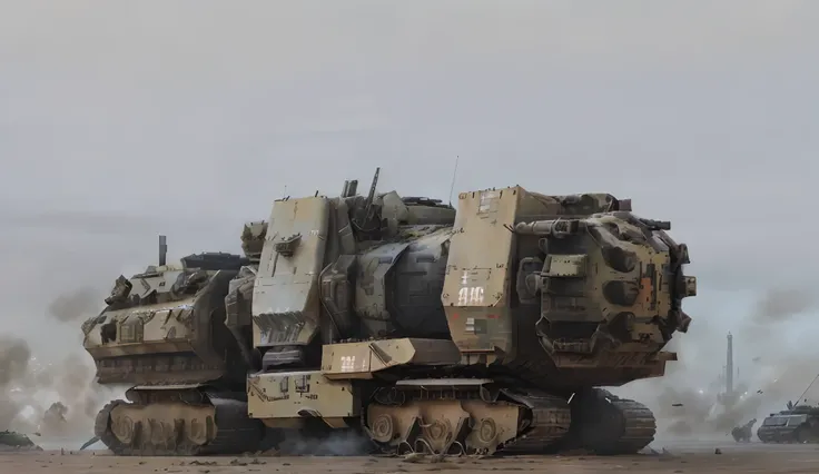 There was a large military vehicle sitting on the ground, an armored core on the ground, military carrier rig, full of alien military equipment, The road of military tank fury, neil blomkamp film landscape, M 1 tank fury road, massive tank, Mechanized tran...