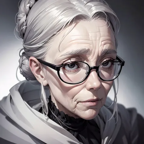 (best quality,highres),(realistic:1.37),elderly woman,long nose,deep wrinkles around the eyes,pale skin,thin almost skeletal han...