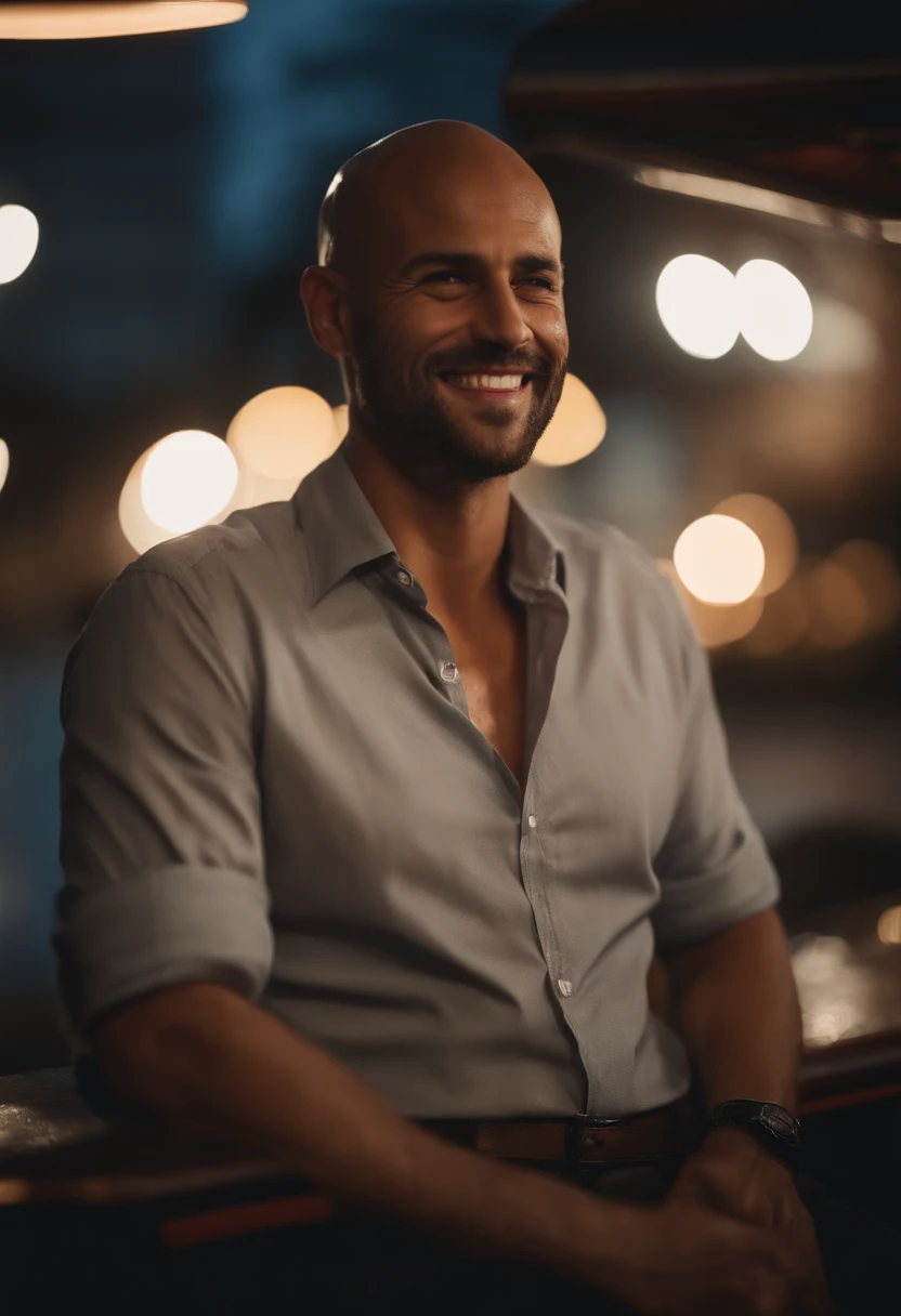 O Homem com o Sorriso Maligno Button-Down Shirt, chuva na cidade, fire, queimando em segundo plano, shaved head, red rim lighting, 8k, UHD, [candid, amador], Cinematic lighting, parte superior do corpo, Rosto altamente detalhado, fechar para cima, serious ...