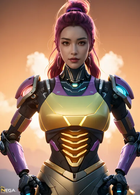 Close-up of robot in pink and gold costume, colorful vivid octane render, cybernetic and highly detailed, loba andrade from apex legends, created in unreal engine 5, made in unreal engine 5, trending on unreal engine 5, anfas portrait of a mech warrior, fa...