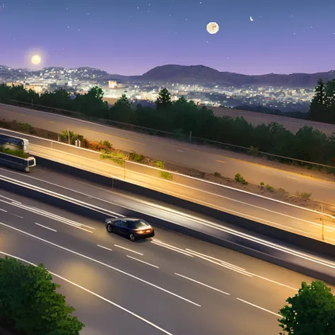 Make a pixel art of a car driving at night on the highway with the moon above