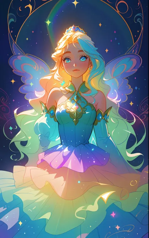 beautiful girl, puffy tiered rainbow ballgown, princess, intricate dress design, (colorful), long wavy hair, magical lights, sparkling magical liquid, inspired by Glen Keane, inspired by Lois van Baarle, disney art style, by Lois van Baarle, glowing aura a...