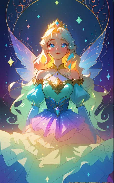 beautiful girl, puffy tiered rainbow ballgown, princess, intricate dress design, (colorful), long wavy hair, magical lights, sparkling magical liquid, inspired by Glen Keane, inspired by Lois van Baarle, disney art style, by Lois van Baarle, glowing aura a...