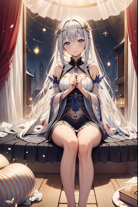 solo person，the night，inside in room，shyexpression，saintess，See-through Pajamas，see-through sleeves，Enchanted，Petal edges，adolable，Light colors，gentleness，Divine decoration，Sacred motifs，extremely detailed CG  8k wallpaper，best qualtiy，tmasterpiece，A high ...