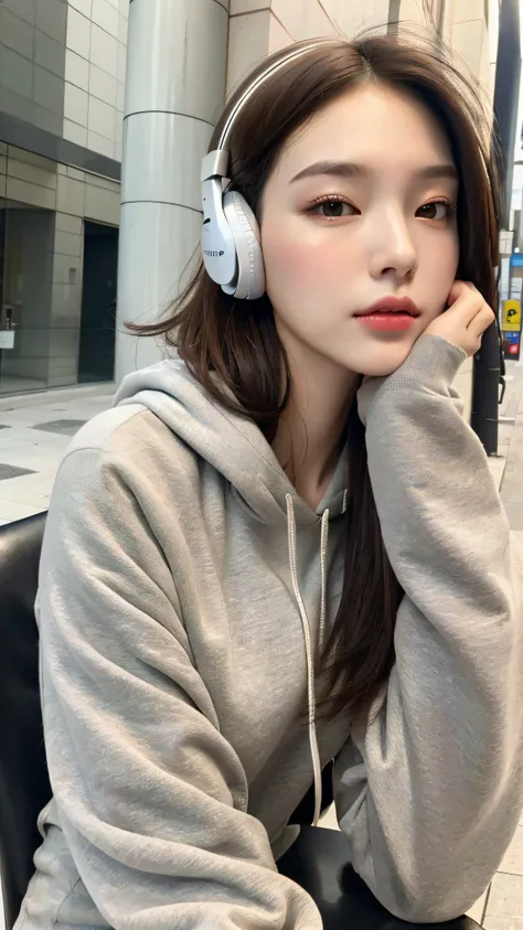 (Best quality, High resolution, Masterpiece :1.3), A tall and pretty woman, Slender figure, (Dark brown short hair), Wearing headphones, Sweatshirt, At street, Details exquisitely rendered in the face and skin texture, Detailed eyes, Double eyelid