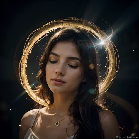 a statue of a Greek woman with her eyes closed and a swirl of light coming out of her head, portrait of a cosmic entity, o redemoinho cobre toda area  do desenho como se fosse aura colorida, aura de luz colorida,  plano astral, desenho lindo....The aura is...